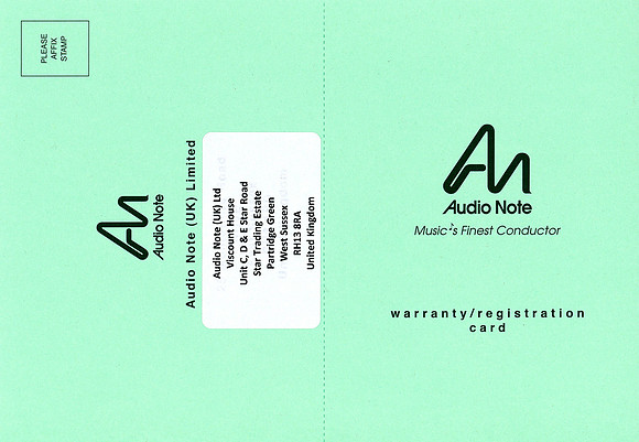 Audio Note AN-S8L Warranty Card - Front