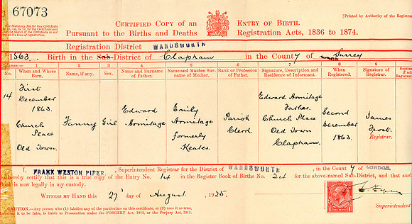 Fanny Armitage Birth Certificate - December 1st 1863