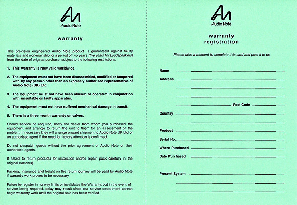 Audio Note AN-S8L Warranty Card - Back